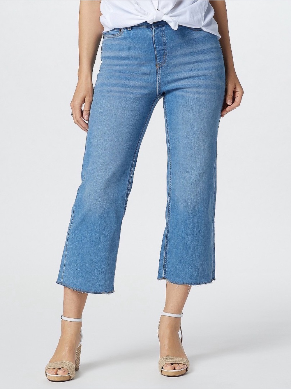 Denim & Co. Easy Stretch Denim Cropped
Wide Leg Jeans with Fray Hem Light Wash